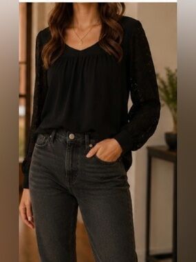 Ann Taylor Loft Black Lace Sleeve Blouse XL EUC